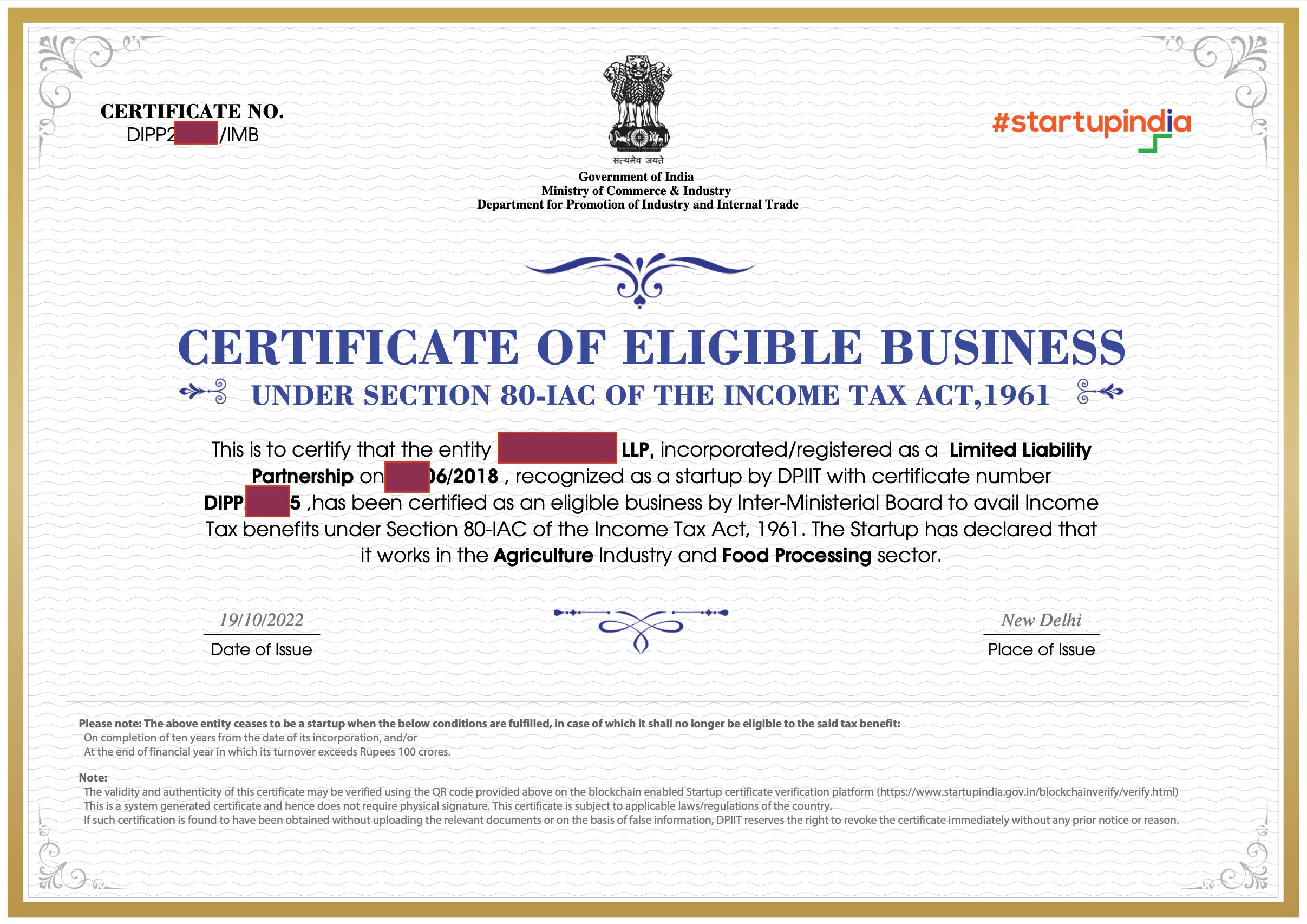 Startup Tax Exemption Certificate